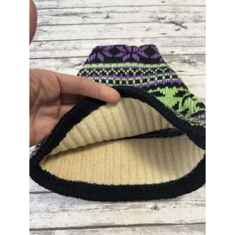 Vintage‎ Smiley Wool Knit  Hat Made in USA Geo Geometric Print Green Purple